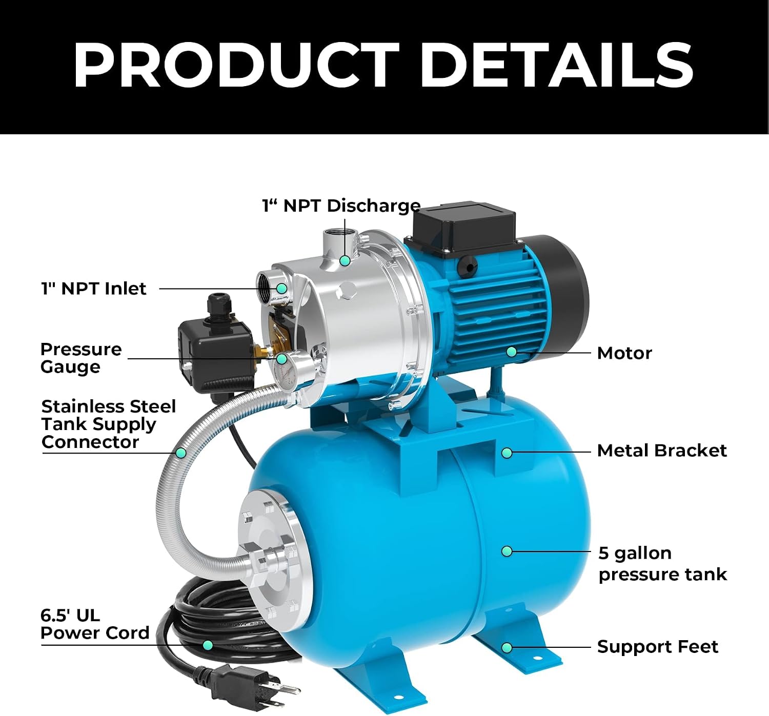 LEO Shallow Well Pump with Pressure Tank 1.5HP, Irrigation Jet Pump 1200 GPH Automatic Booster Sprinkler System,Stainless Steel Water Transfer Camp Pumps for Home, Garden, Lawn