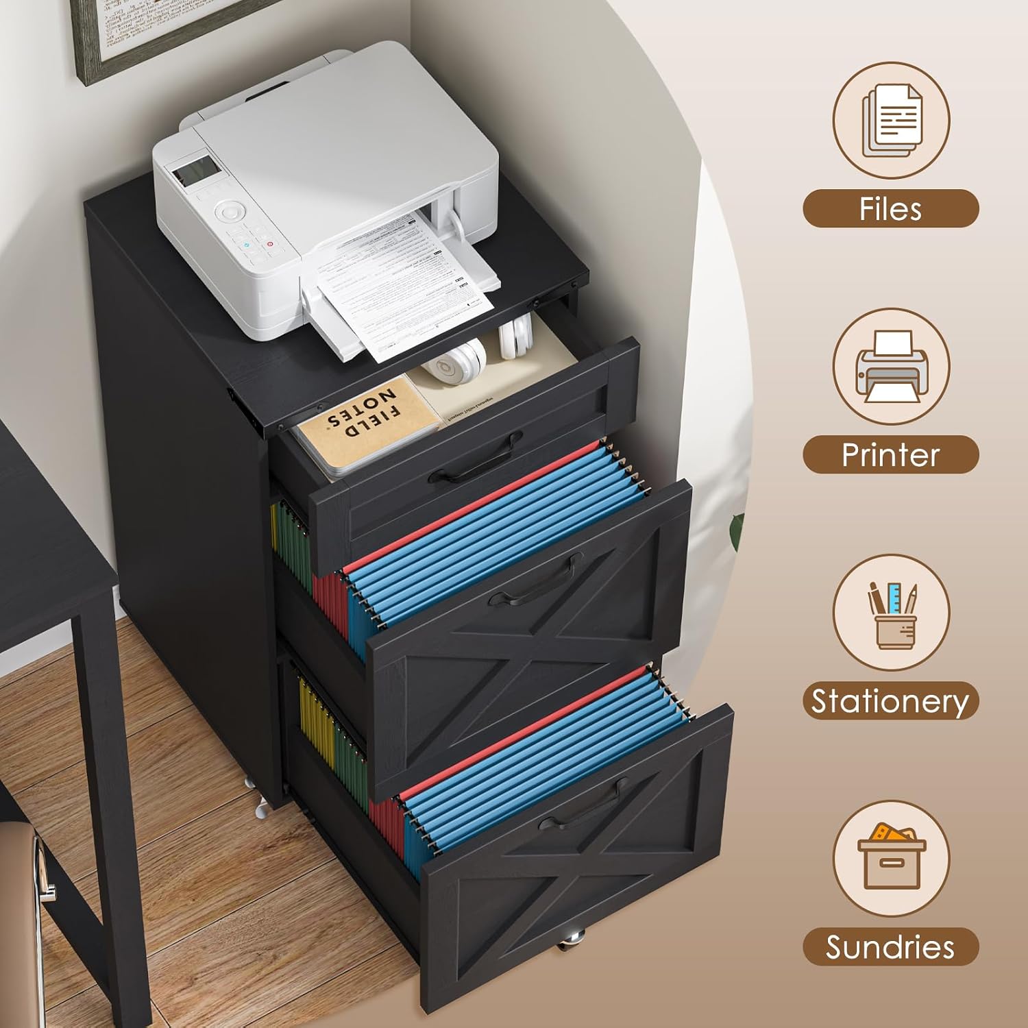 3 Drawers Tall Farmhouse File Cabinet with Wheels for Home Office, Black | Halitaa Vertical Filing Cabinet Fits Letter/A4 Size, Rolling File Cabinet Wooden Printer Stand for Home Office
