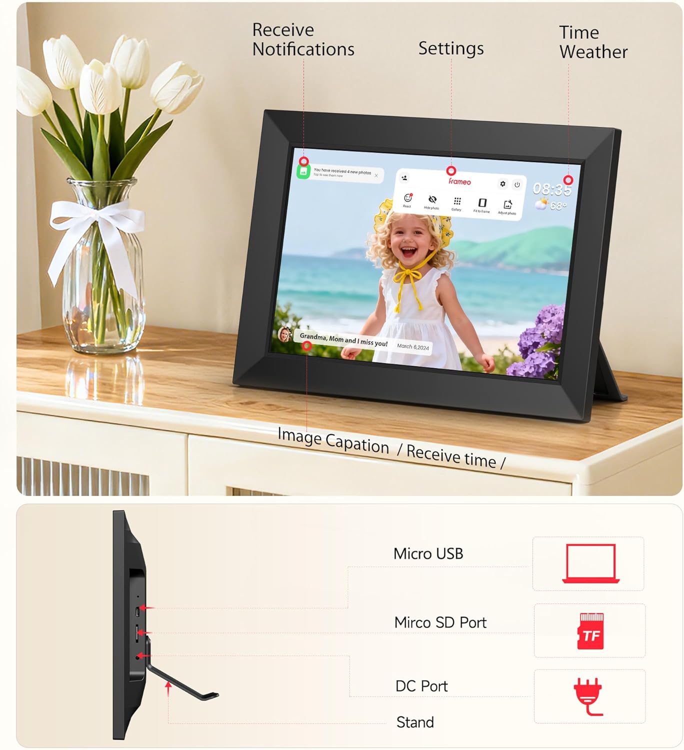 BIGASUO Digital Picture Frame, 10.1" Frameo Digital Frame WiFi with 32GB Memory, 1280x800 IPS Touch Screen