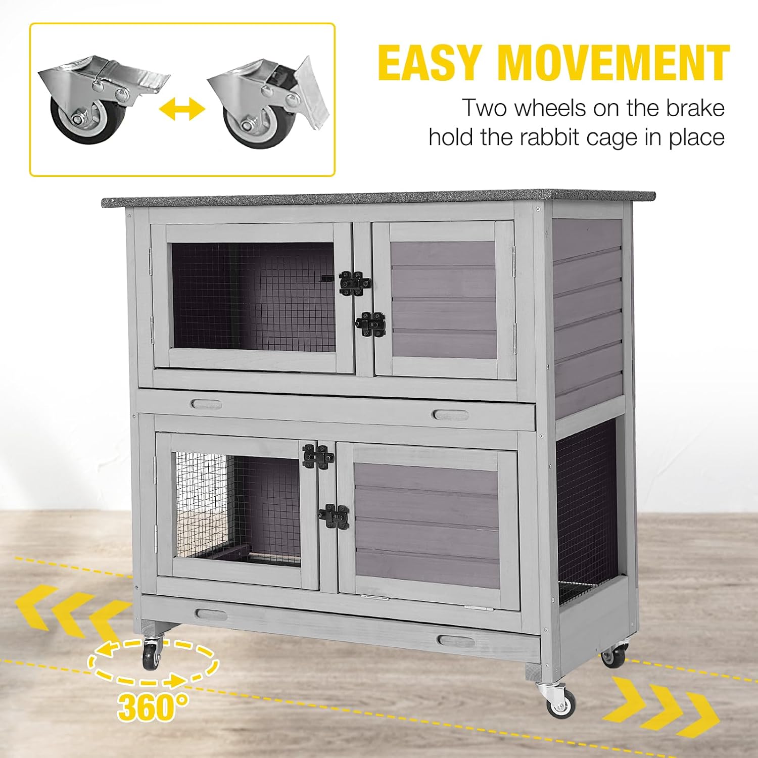 Aivituvin Rabbit Hutch, Indoor Bunny Cage with Run Outdoor Rabbit House with Two Deeper No Leak Trays - 4 Casters Include (Grey)