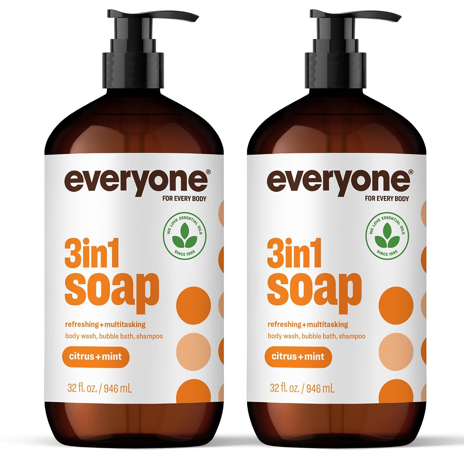 Everyone 3-in-1 Soap Body Wash Bubble Bath Shampoo Coconut Lemon 32oz 2pk | Natural essential oil formula | body wash | shampoo | bubble bath in one | coconut lemon scent | bulk value 2-pack