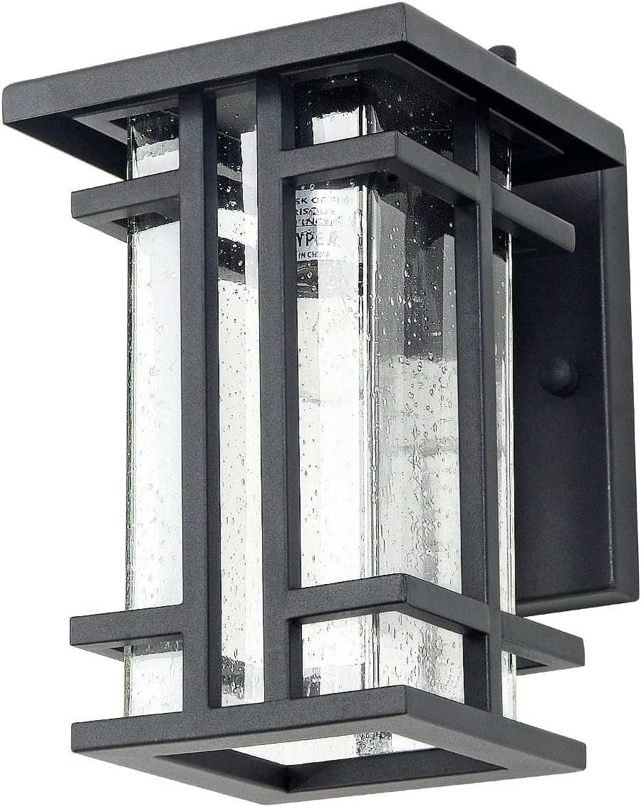 Rustic Dusk to Dawn Outdoor Wall Light Fixture 13.8"H Waterproof Exterior Wall Sconces Black Metal with Seeded Glass Sensor Outdoor Wall Lantern for
