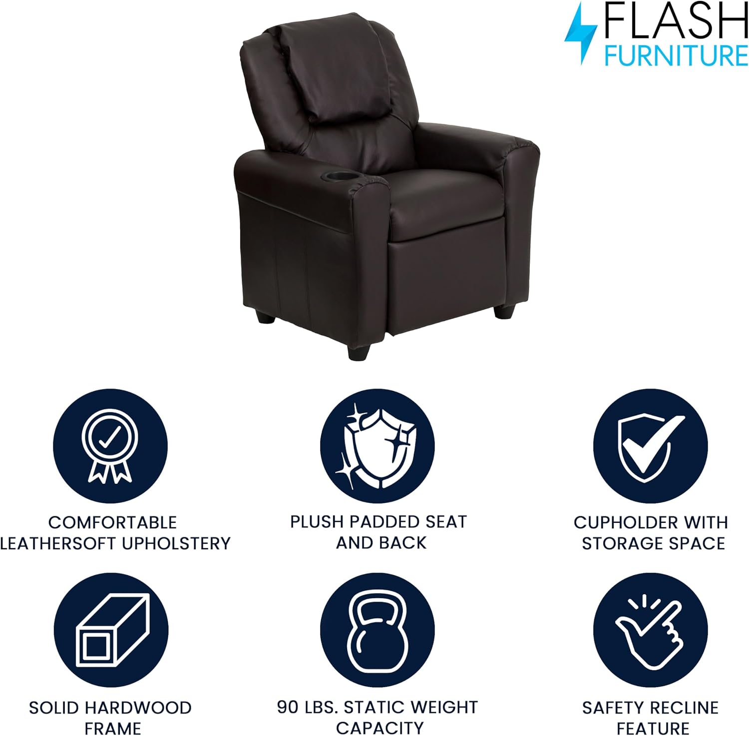 Flash Furniture Vana LeatherSoft Kids Recliner with Cup Holder, Headrest, and Safety Recline, Contemporary Reclining Chair for Kids, Supports up to 90 lbs., Brown | Manual Recline, Padded Seat and Back, Child-Friendly Design, Safety Recline Feature
