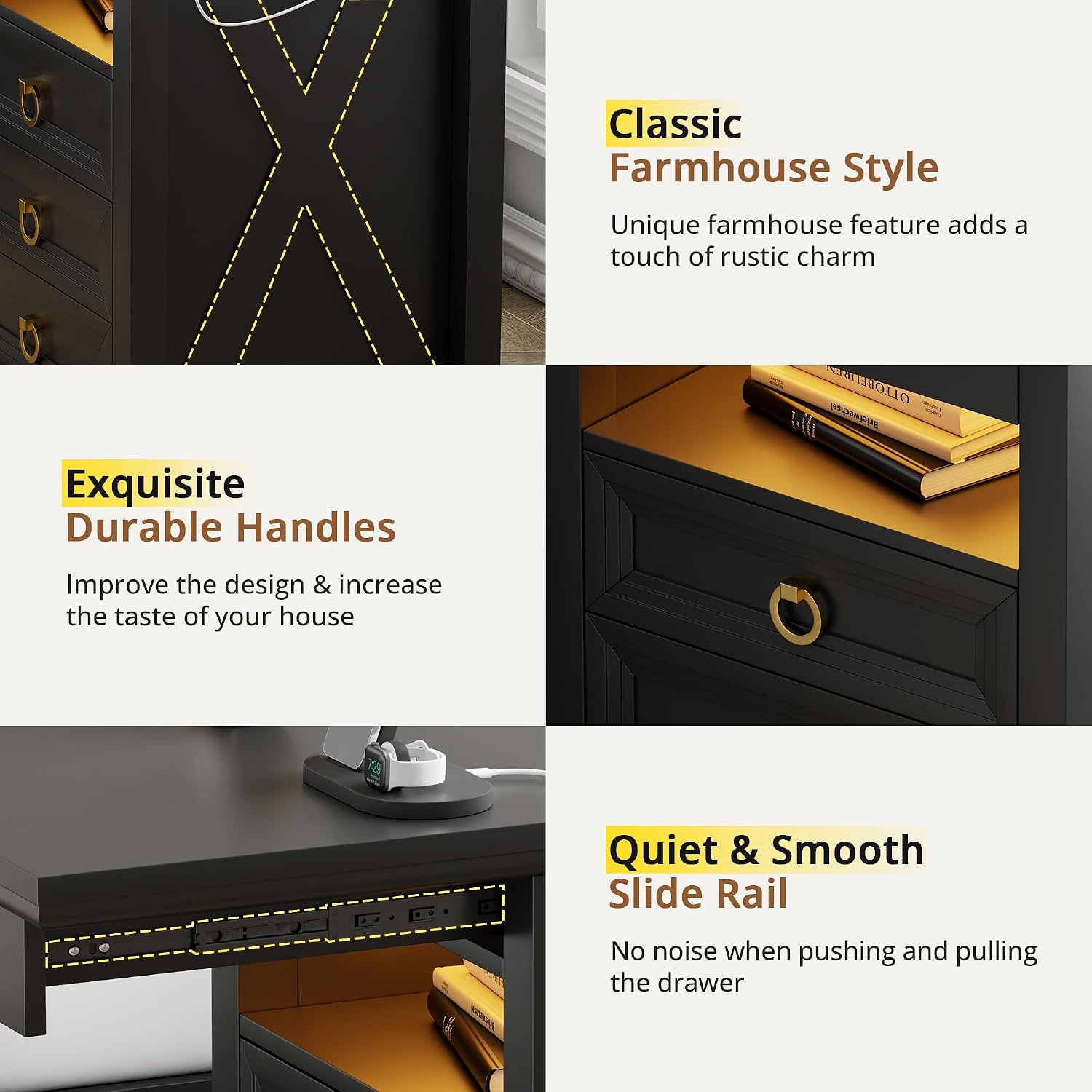 Farmhouse Nightstand with Lockable Hidden Drawer, Human Sensor LED Bedside Table with LED Lights & Charging Station, Rustic Wood Sofa Side End Table with 3 Drawers for Bedroom (Black)
