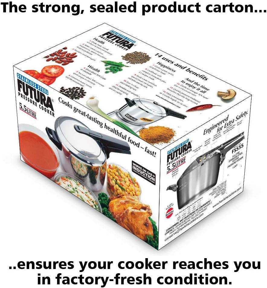 Hawkins Futura Inner Lid Pressure Cooker, Stainless Steel Cooker, Induction Cooker, Pan Cooker, Silver Fss55, 5.5 Liter