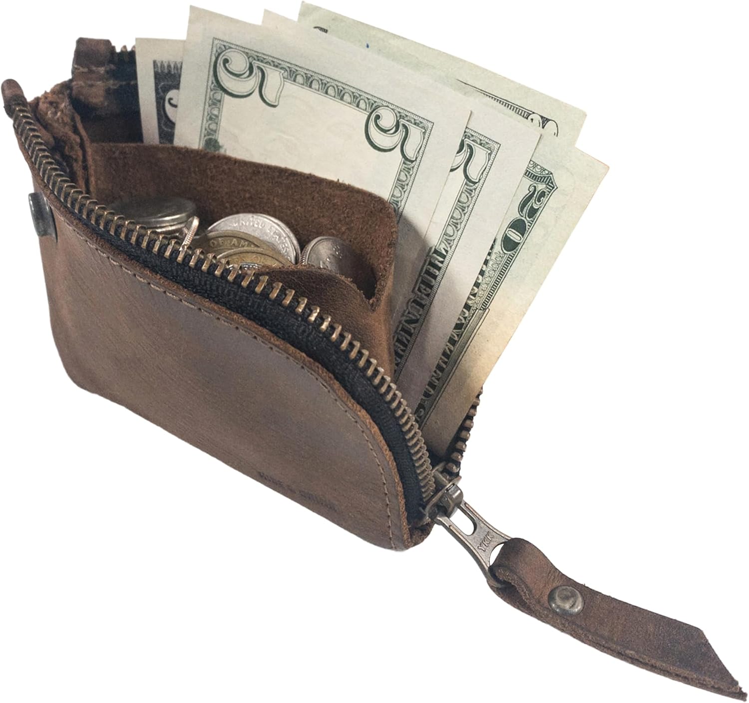 Hide & Drink, Leather Zippered Wallet, Holds Up to 6 Cards Plus Folded Bills, Pouch Organizer, Cash Holder, Travel Essentials, Mini, Pocket-Size, Handmade (Bourbon Brown)