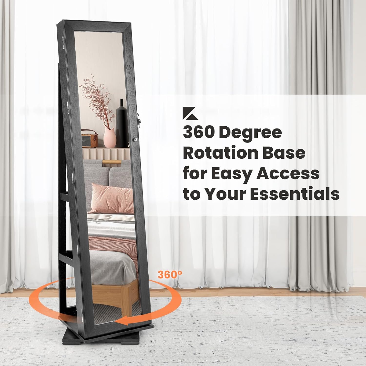 CHARMAID 360° Swivel Jewelry Armoire with Higher Full Length Mirror, Standing Lockable Jewelry Cabinet Organizer with Large Storage Capacity