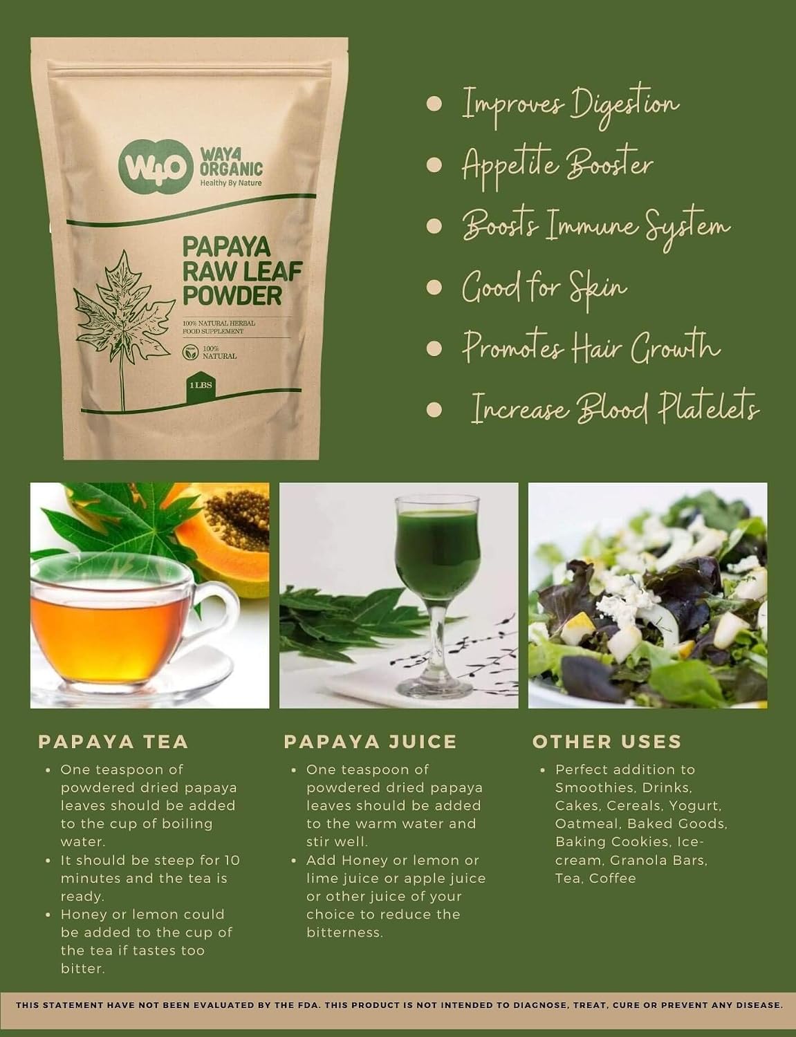 Way4Organic Papaya Leaf Powder 16 Ounces(1 Pound), Dried from Fresh Green Leaves, Good to Make Tea, Juice Extract, (No Fruit, No Seeds)