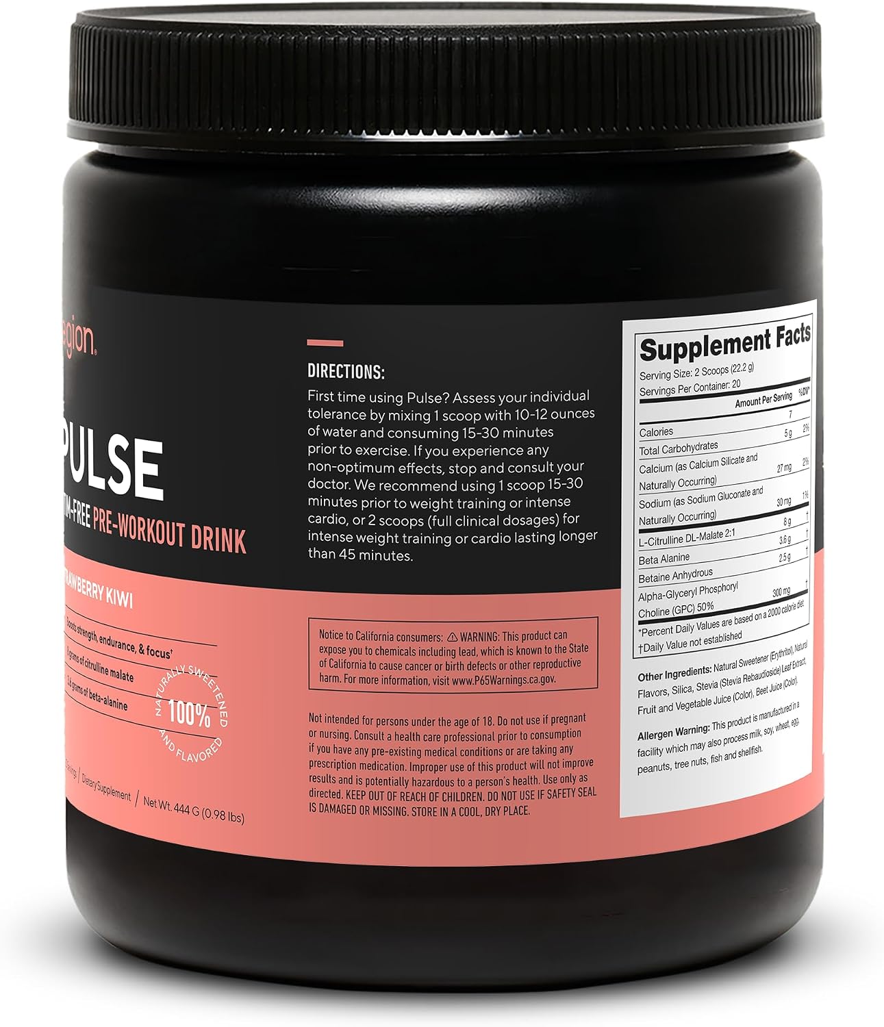 LEGION Pulse Pre Workout Supplement - All Natural Nitric Oxide Preworkout Drink to Boost Energy, Creatine Free, Naturally Sweetened, Beta Alanine, Citrulline, Alpha GPC (Caffeine Free Blue Razz)