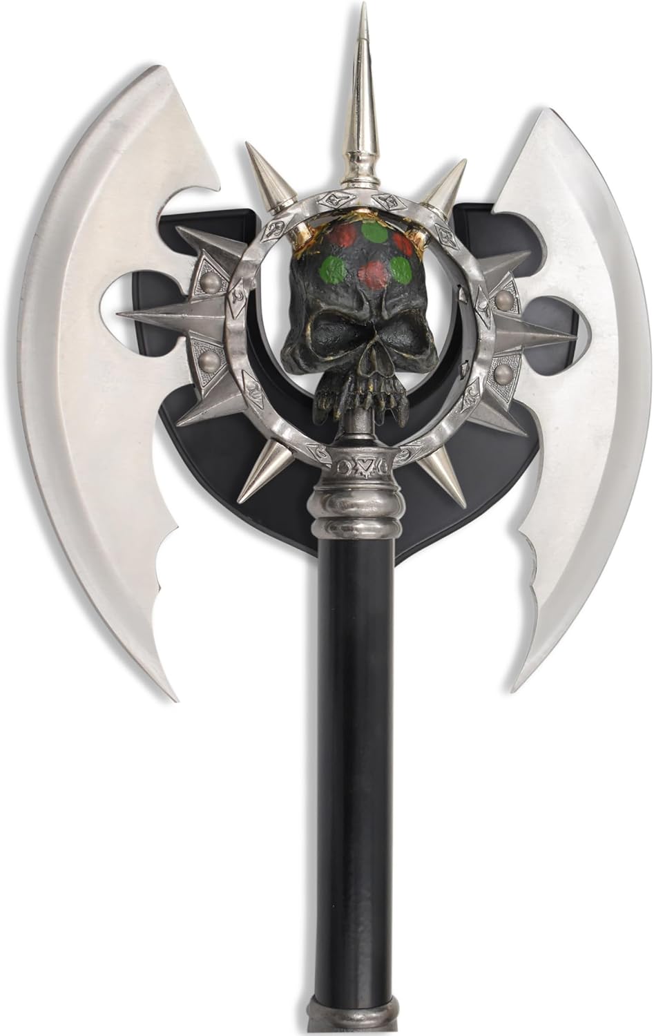 BladesUSA – Fantasy Axe – Full Size Fantasy Medieval Battle Axe, Dual Blades and 11 Steel Spikes Around Center Skull. Wire Wrapped Handle