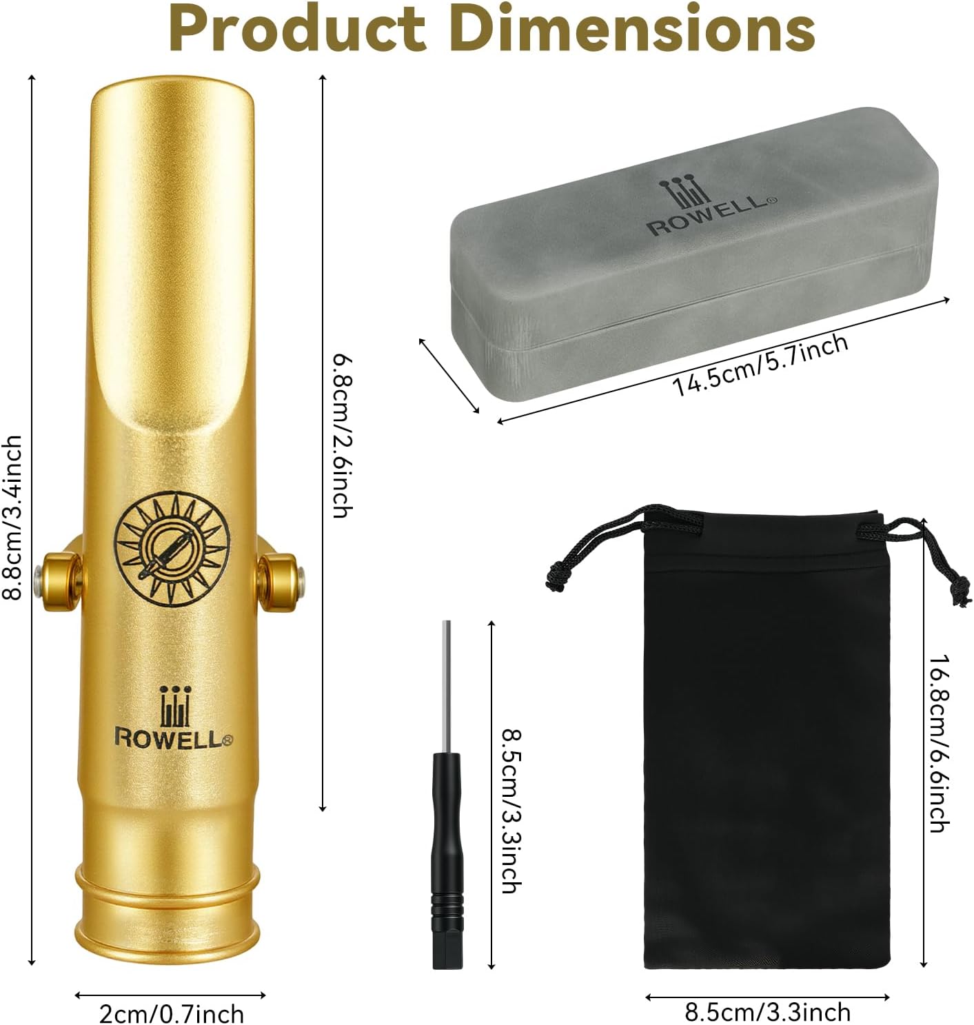 ROWELL Alto Saxophone Metal Mouthpiece Jazz Sax Mouthpiece- 5-Level Adjustable Ligature & Protective Cap Rich Full Tone -Ideal for Jazz, Bebop