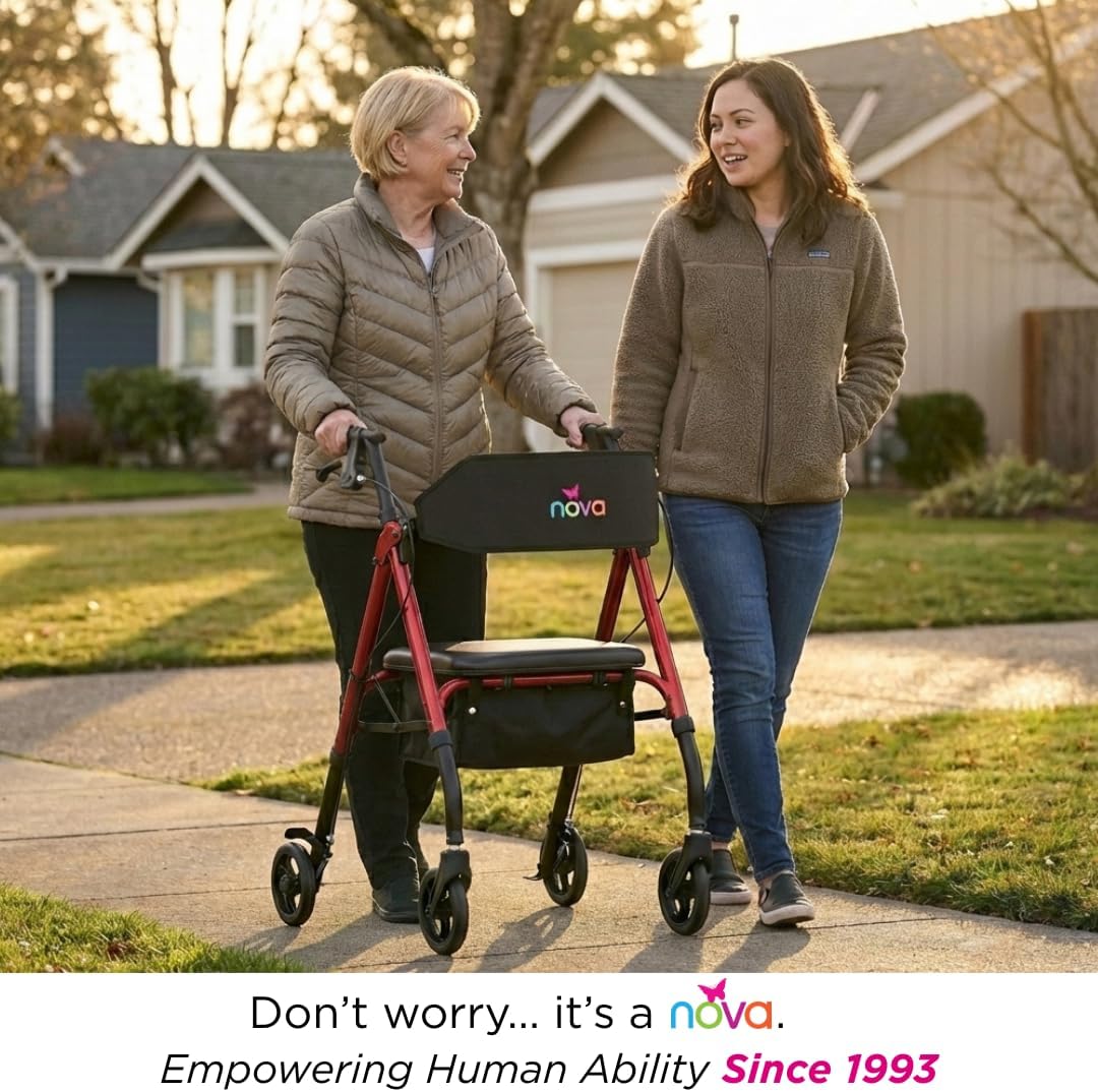 NOVA Star 6 Foldable Rollator Walker for Seniors, Wide Padded Backrest with Seat, 6” All-Terrain Wheels, Easy-Grip Locking Hand Brakes, Height Adjustable, Blue