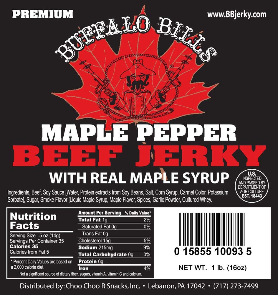 Buffalo Bills 16 Oz Premium Maple Beef Jerky Peppered Pieces in Random Size | Made In The USA, 100% US Beef, USDA Inspected, Whole Muscle Jerky, Real Maple Syrup & Fresh Cracked Black Pepper, Diet Snack