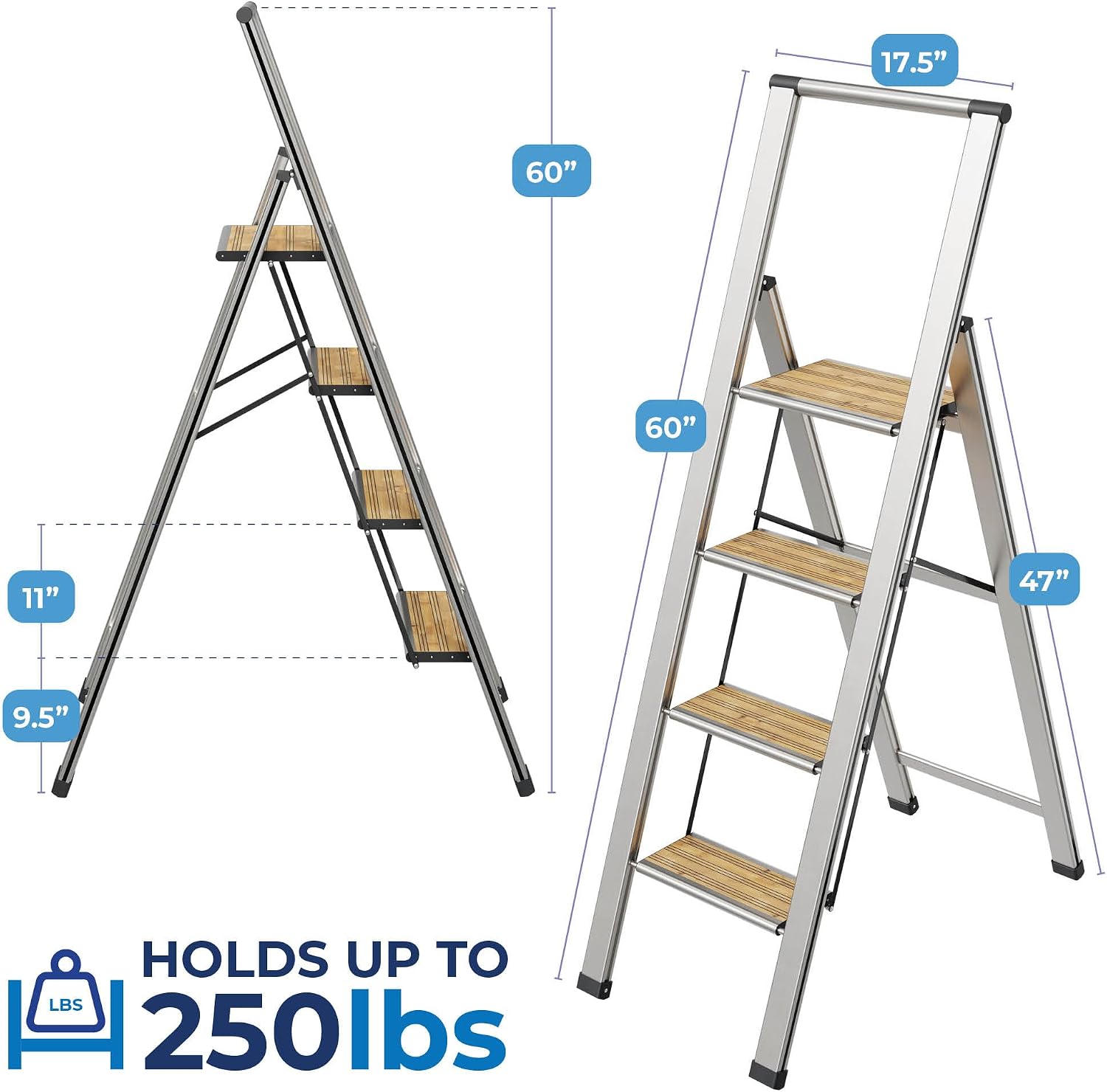 Step Ladder 2 Step Folding, Decorative - Beautiful Bamboo & Silver Aluminum, Ultra Slim Profile, Anti Slip Steps, Sturdy-Portable for Home, Office