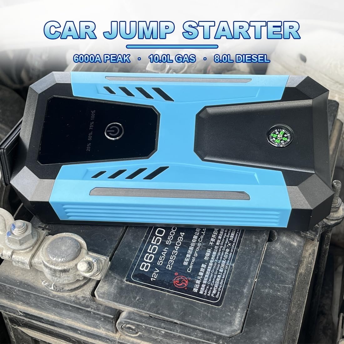12v Jump Starter for 10.0L Gas/8.0L Diesel, 6000A Peak Car Battery Jumper Starter Portable