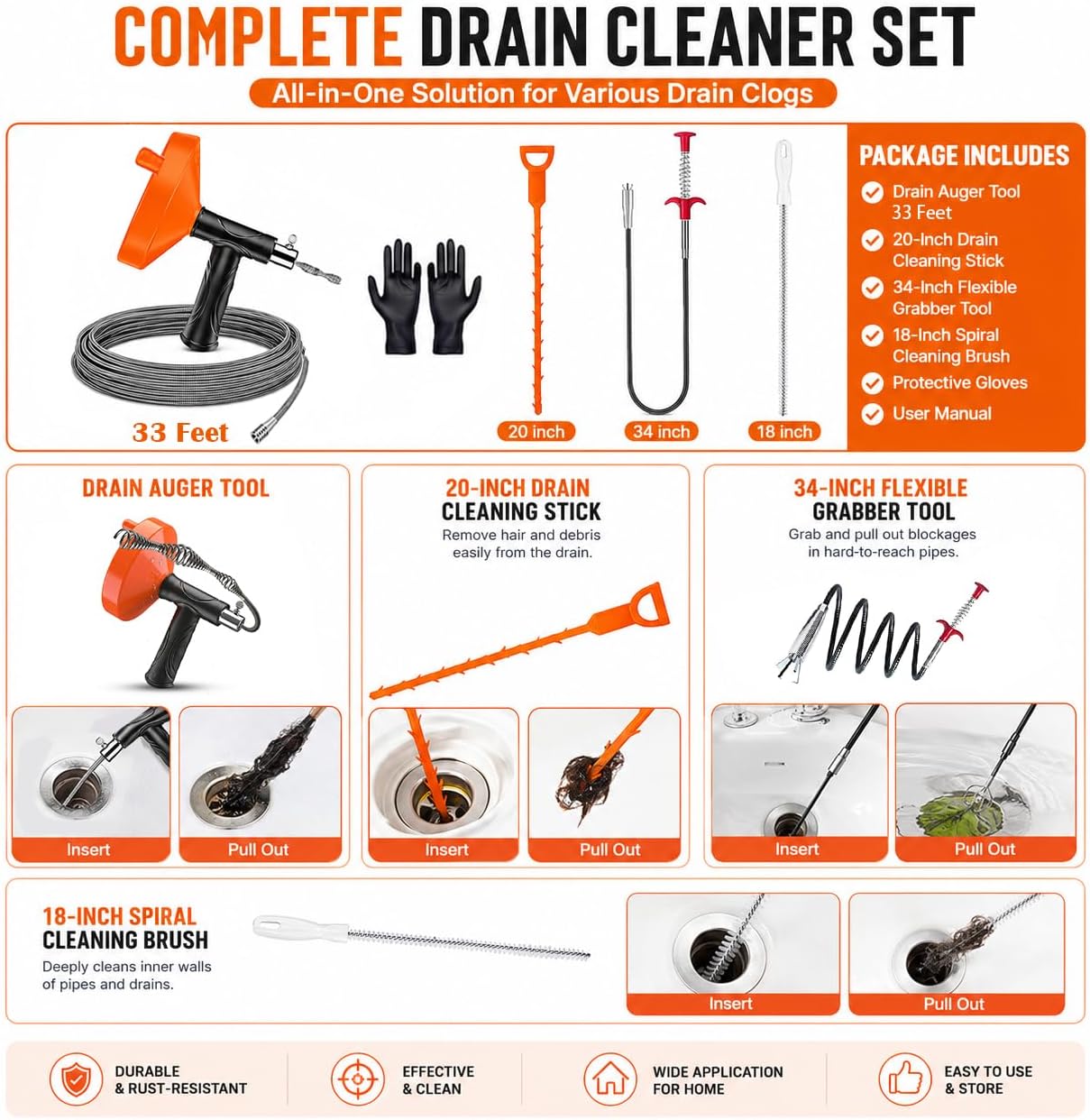 33 Feet Drain Snake Auger, Plumbing Snake Drain Hair Clog Removal Tool, Sink Unclogger Drain, Heavy Duty Drum Auger