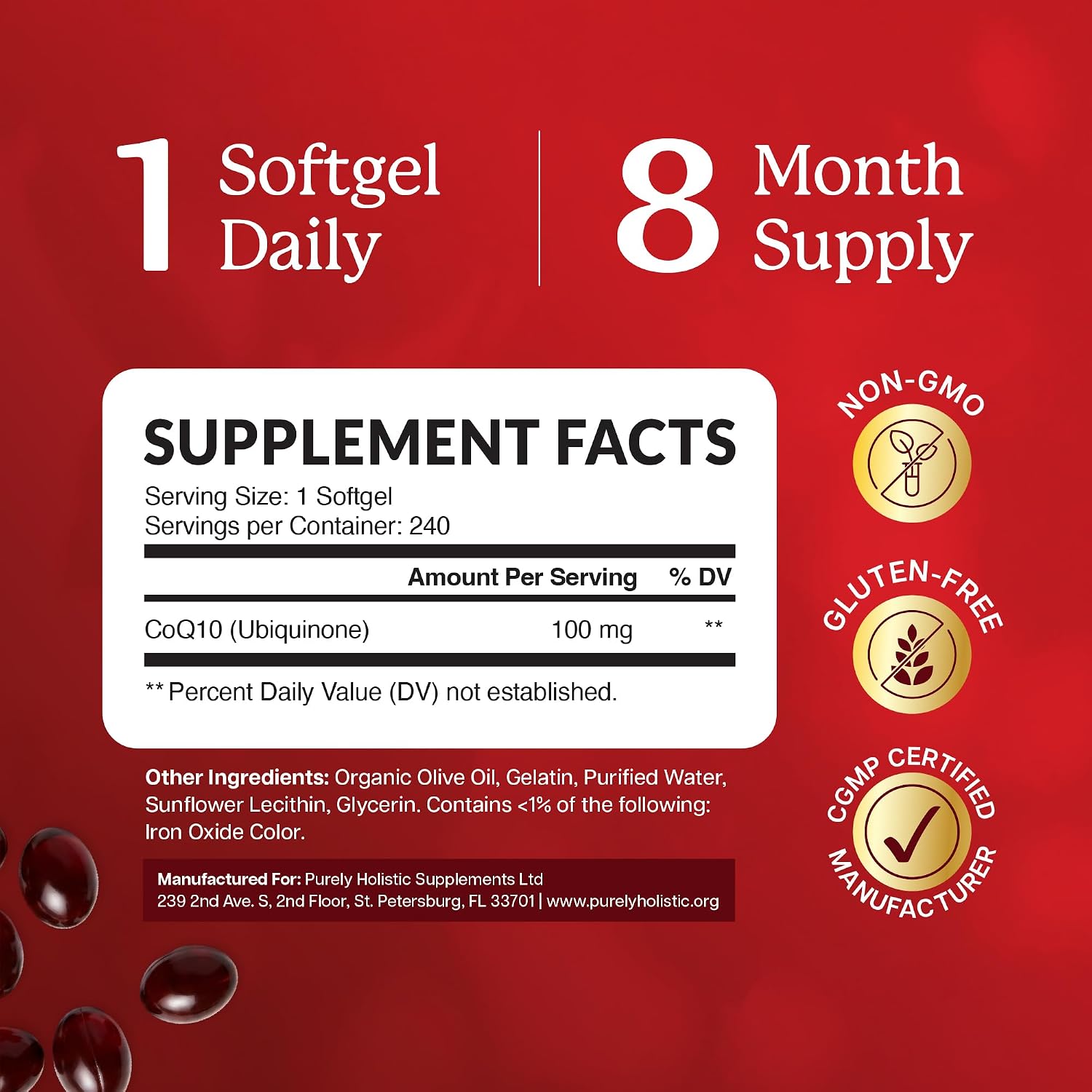CoQ10 100mg Softgels, Heart Health Support, 8 Month Supply, High Absorption | Coenzyme Q10 for Energy Levels & Vitality Support, Co Q 10 Supplement