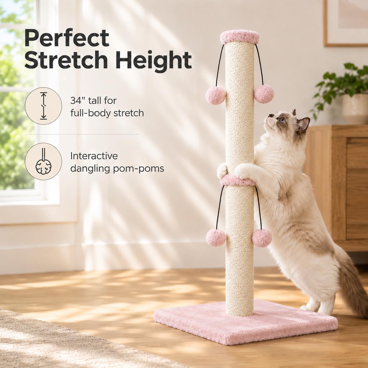Dimaka 29'' Cat Scratching Post, Natural Sisal Rope Scratcher Post, Kitten Claw Scratch with 4 DanglingToy Balls for Large Cats (Grey)
