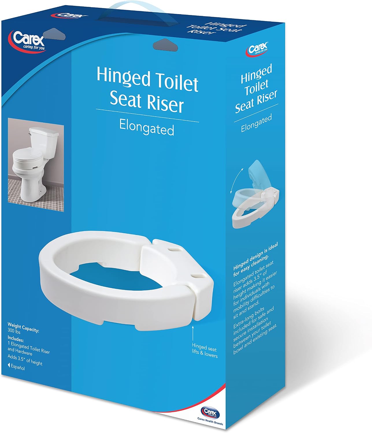 Carex Hinged Round Raised Toilet Seat Riser, Adds 3.5 Inches of Height, 300 lbs Capacity, Elevating and Raising Seat for Elderly and Handicap, Universal, Slip-Resistant, White.