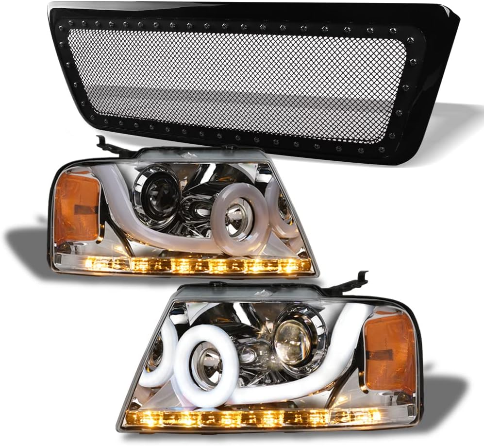 Sequential LED Halo Strip Tube Bar Chrome Housing Projector Headlights Signal Lamps Amber nb + Glossy Black RVT Rivet Bolt Steel Mesh Front Hood