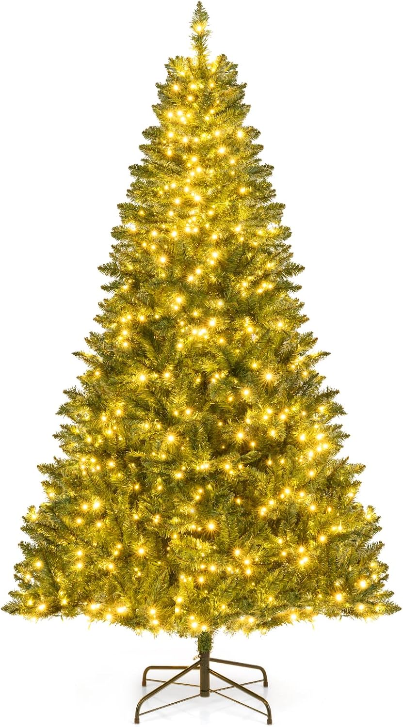 Goplus 7.5ft Pre-Lit Artificial Christmas Tree, Premium PVC Snow Flocked Hinged Pine Tree with Metal Stand and LED Lights