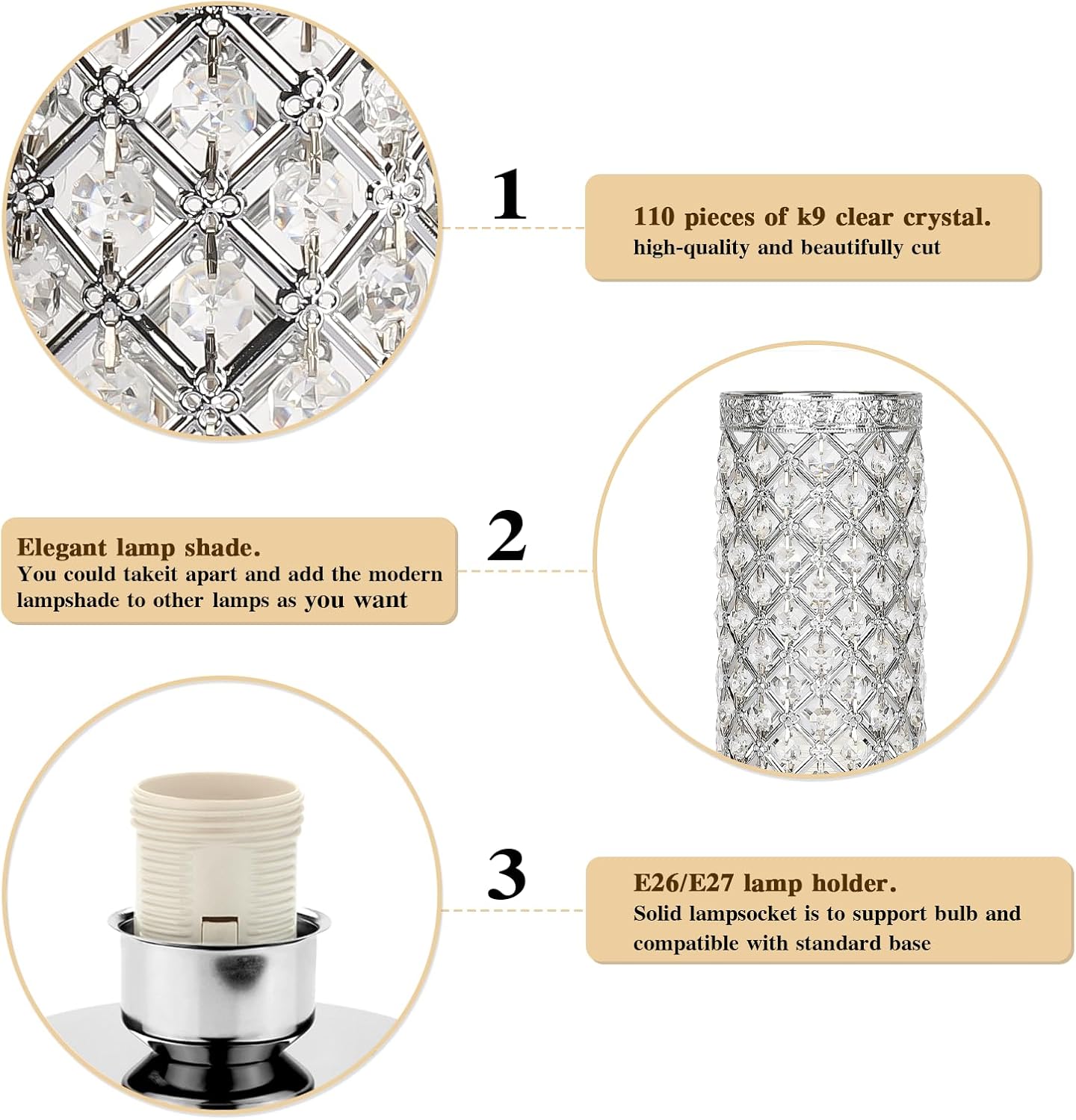 Crystal Table Lamp, 3 Way Touch Control Dimmable Bedside Nightstand Lamp | Silver Crystal Desk Lamp