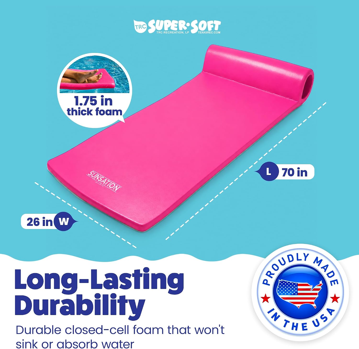 TRC Recreation Sunsation 1.75" Thick Foam Pool Float Lounger w/ Headrest for Lounging & Sunbathing in Swimming Pools, Beaches & Lakes, 70" x 26