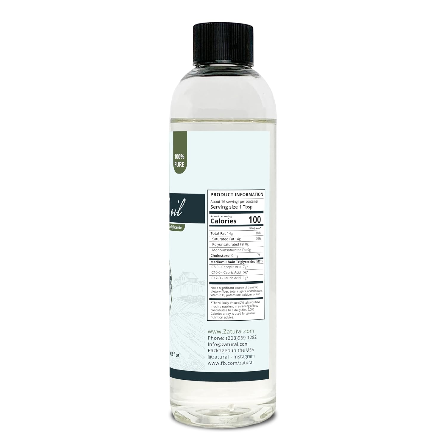 Pure MCT Oil, Carrier, Massage, Hydrating, Hair, Food, and Therapeutic Grade, 8 Oz