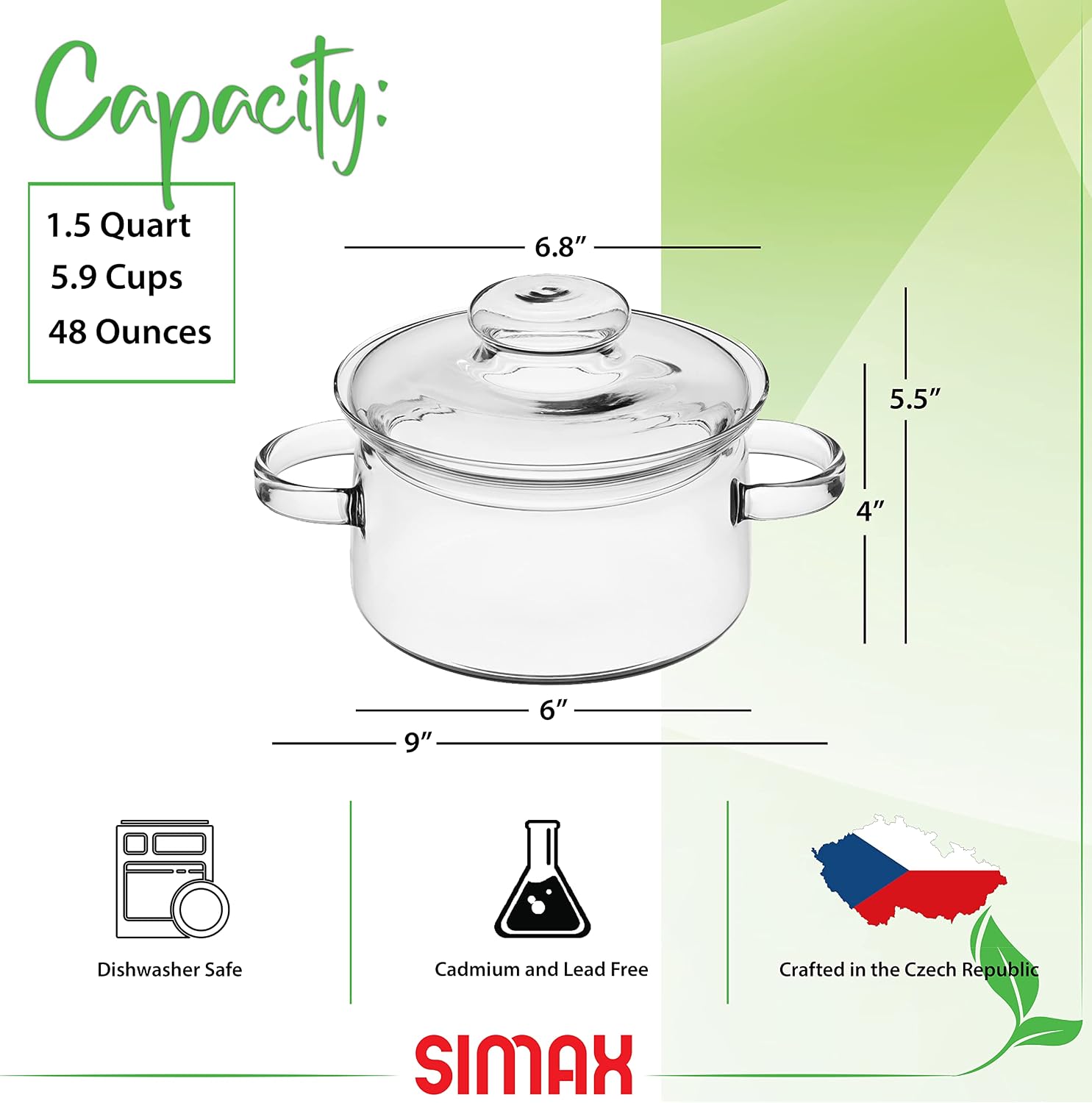 Simax 48 Oz Borosilicate Glass Saucepan With Lid - Microwave, Stove and Dishwasher Safe Potpourri Pot and Serving Dish
