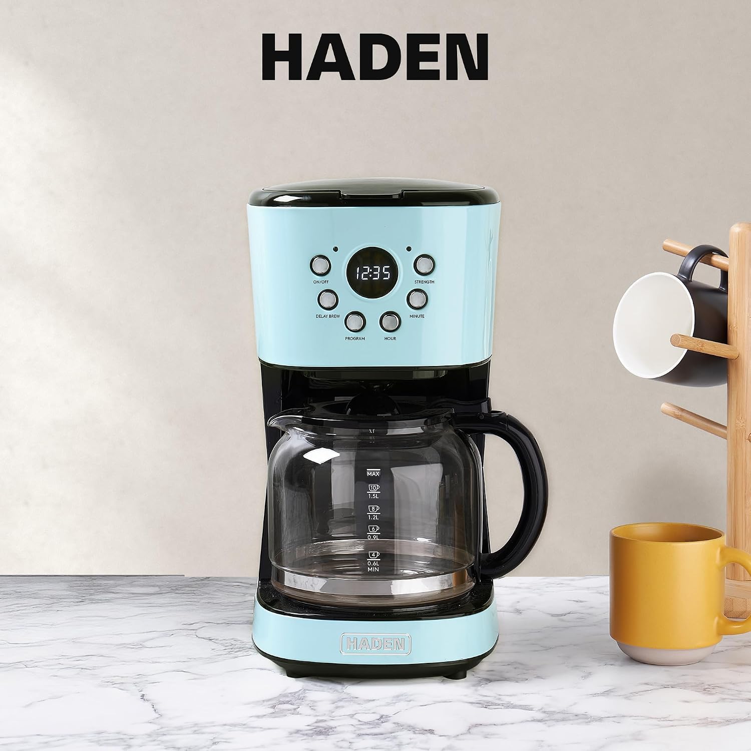 HADEN 12-Cup Programmable Coffee Maker for Home or Office, Putty & Chrome – Drip Brewer Machine with Brew Strength, Delay Brewing