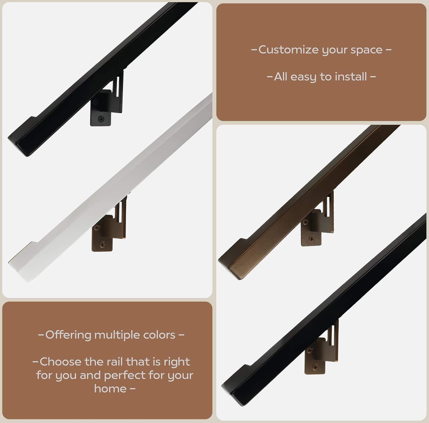 Modern Aluminum Handrail Grab Bar Kit, Adjustable Steel Brackets Included, Returns to Wall, Powder Coated Finish (Black, 4 Foot Handrail Set)