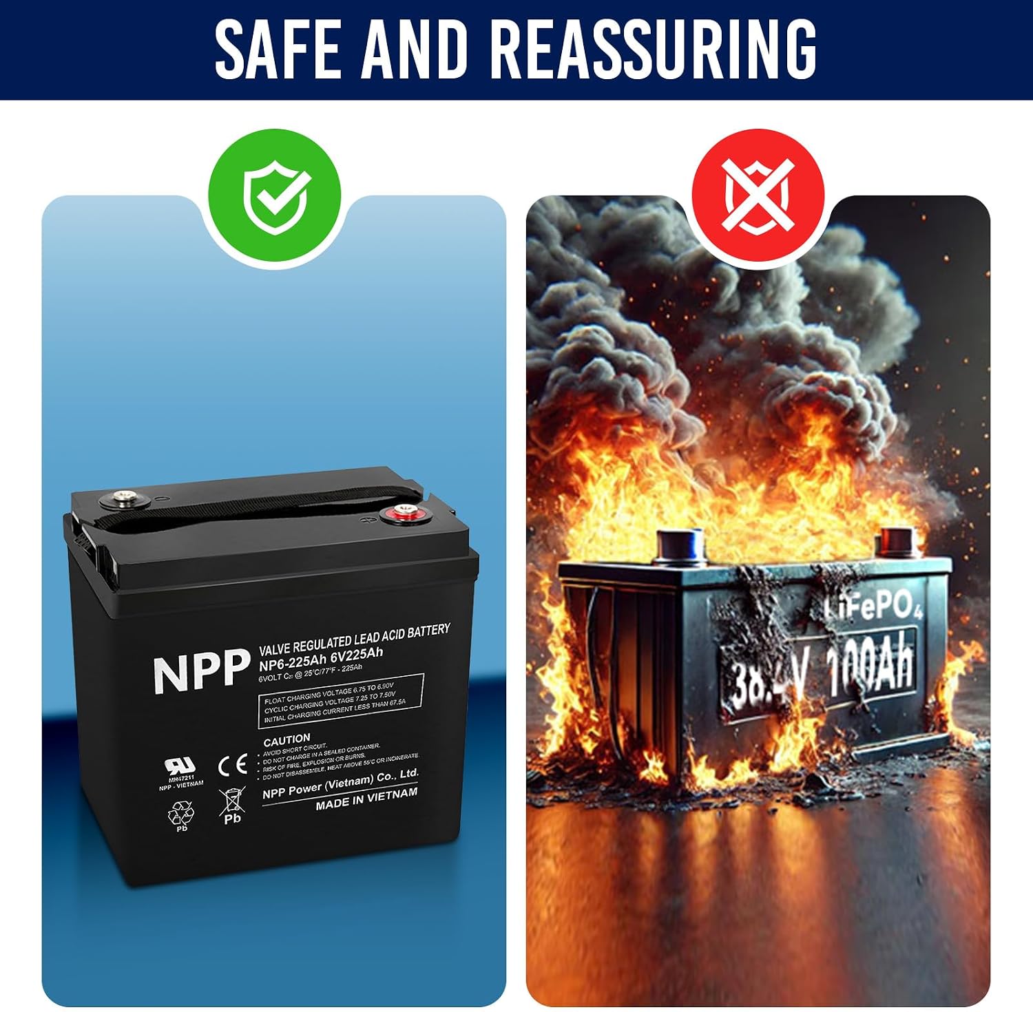 NPP 6V 225Ah AGM SLA Battery with T16 (M8) Terminal for Golf Cart (2 Pcs)
