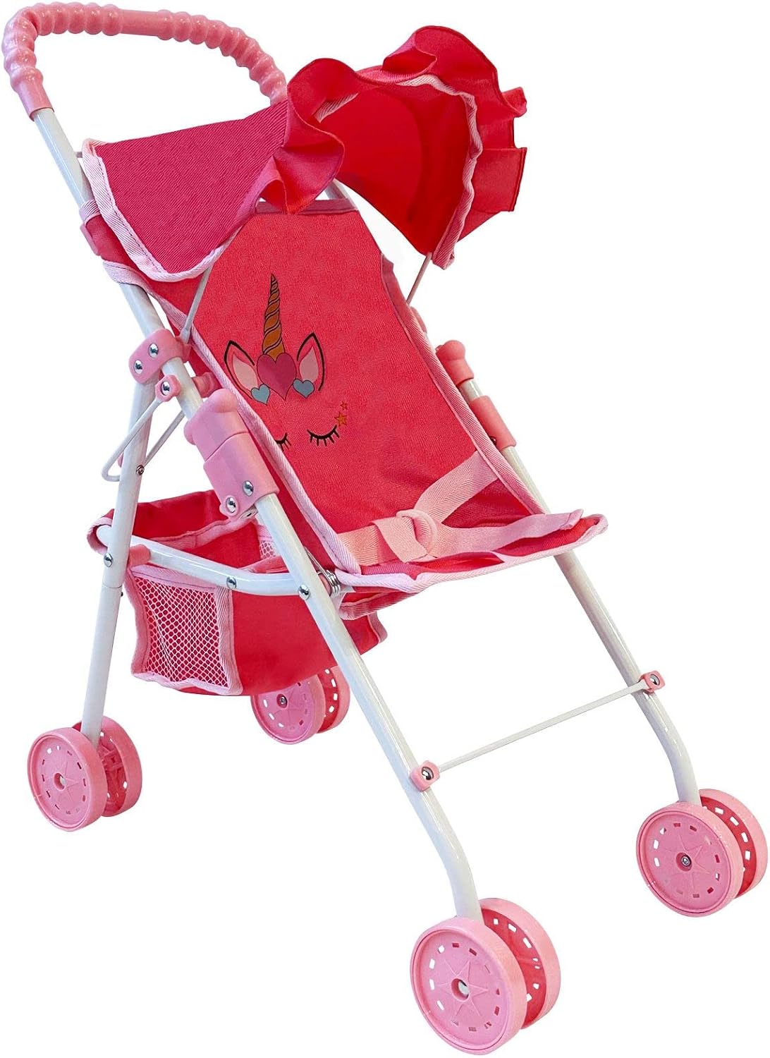 The New York Doll Collection My First Doll Stroller with Basket & Heart Design Foldable Doll Stroller, Pink