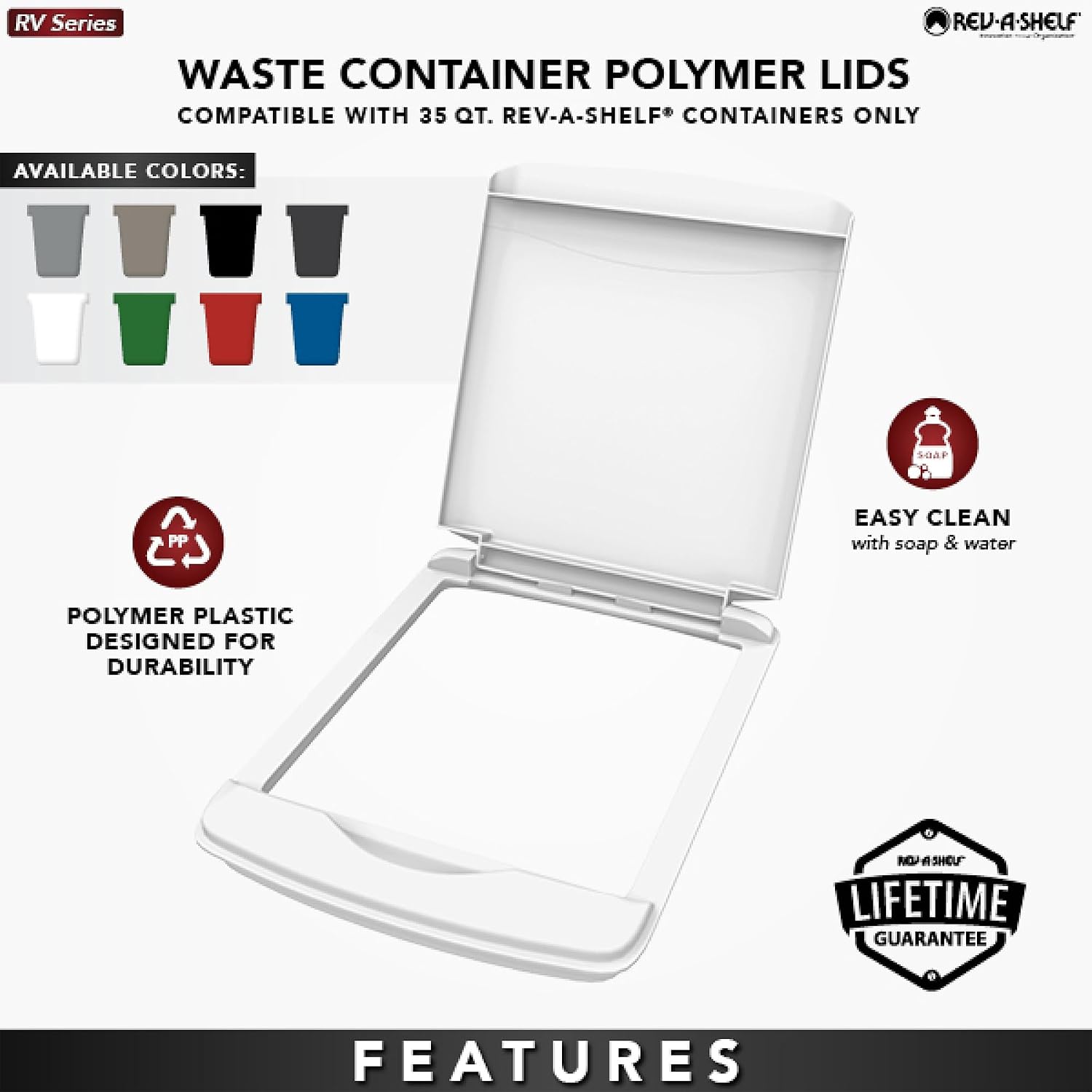 Rev-A-Shelf 35 Qt Under Sink Garbage Can Lid for Base Kitchen and Bathroom Cabinet, Replacement Plastic Trash Bin Lid Only, White, RV-35-LID-1