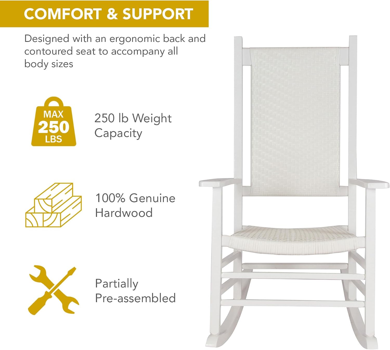Shine Company Hampton Porch Rocker, High Back Wood Rocking Chair, Rattan Backrest & Seat, White