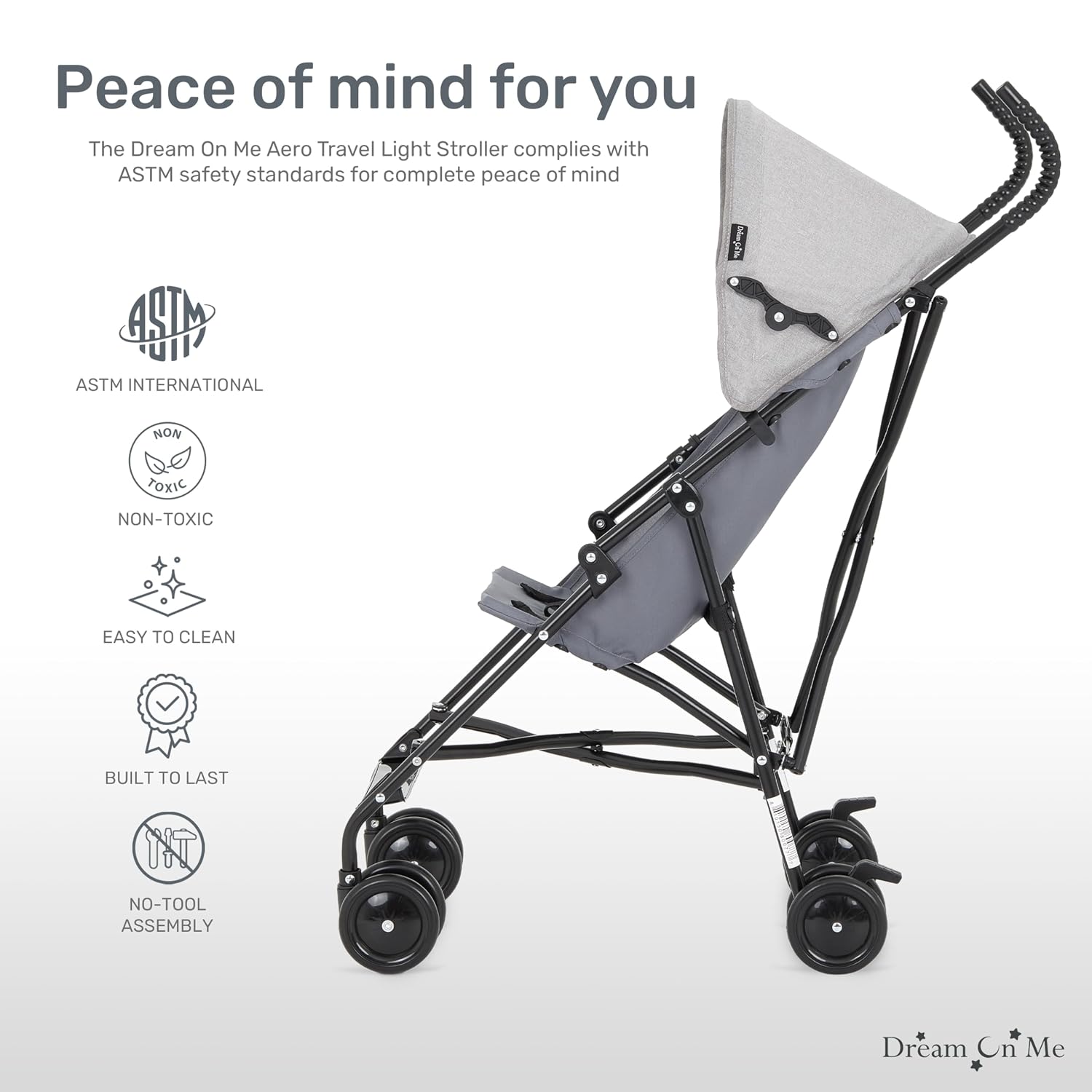 Dream On Me Aero Travel Umbrella Stroller, 1-Hand Fold, Lightweight, Black | 3 Point Safety Harness, Dual Brakes, Adjustable Removable Canopy, Sturdy Steel Frame, Compact, For Toddlers 6-36 months