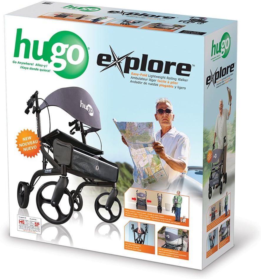 Hugo Mobility Explore Side-Fold Rollator Walker with Seat, Backrest and Folding Basket