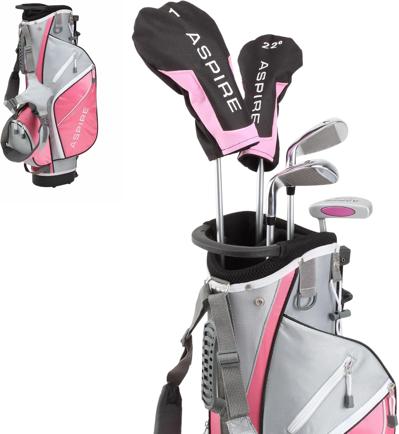 Aspire Junior Plus - Kids Complete Golf Club Set | Aircraft-Grade Aluminum, 15% Larger Clubhead, 7 Iron & Pitching Wedge, Progressive Flex Shafts, Rain Hood, 2 Headcovers