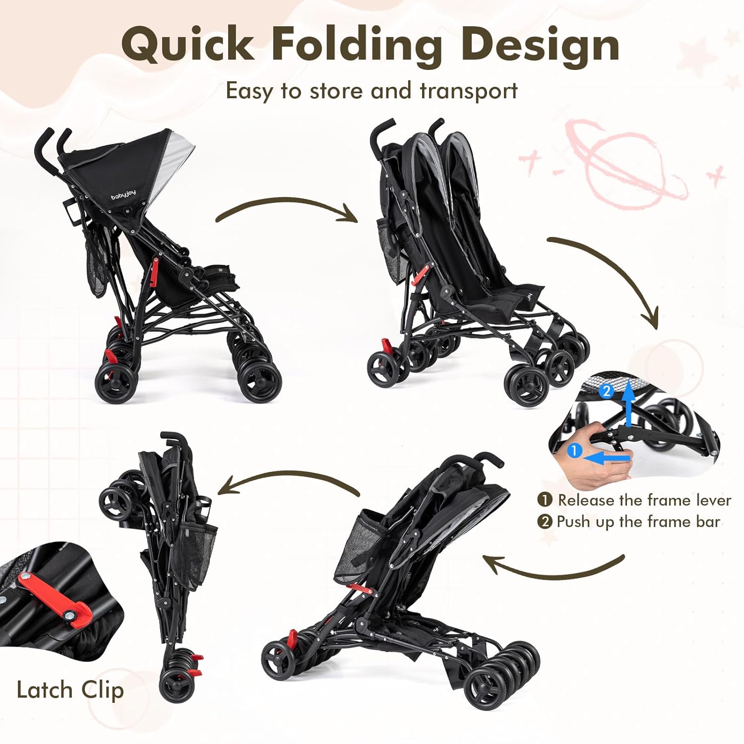 BABY JOY Double Umbrella Stroller, Lightweight Travel Side by Side Twin Stroller with Large Storage, Cup Holder, 5-Point Safety Harness, Adjustable Canopy & Compact Fold for Infant and Toddler (Black)