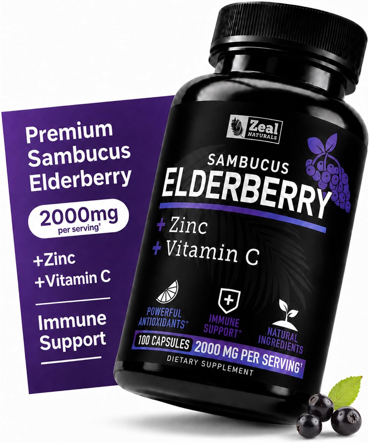 Zeal Naturals Max Strength Elderberry Capsules - 2000mg, 100 Capsules | Sambucus Black Elderberry, Vitamin C