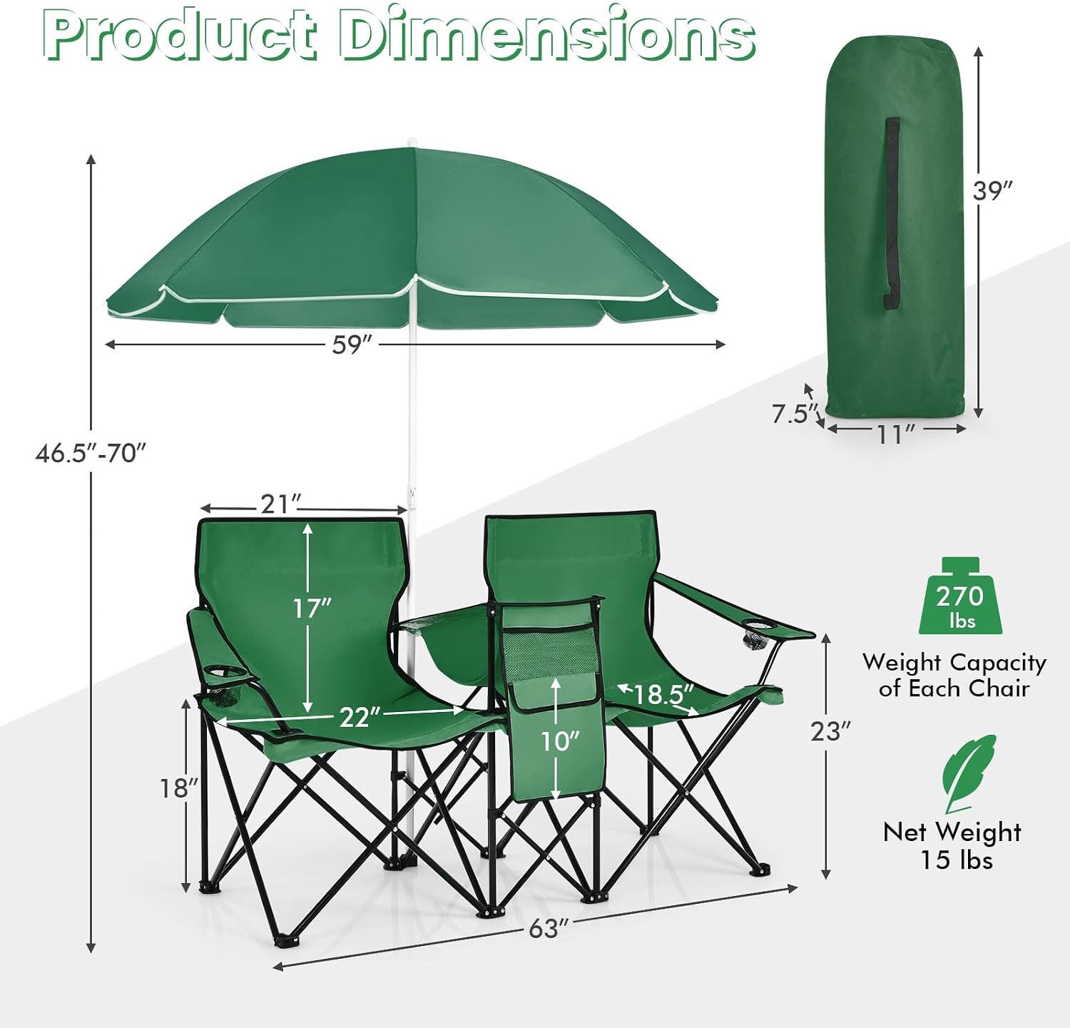 COSTWAY Double Portable Picnic Chairs, Folding Camping Chairs w/Detachable Umbrella, Cooler Bag, Cup Holders, Patio Beach Camping Chairs for Outdoors, Blue | Detachable Umbrella, Cooler Bag, Cup Holders, Patio Beach Camping Chairs for Outdoors, Blue