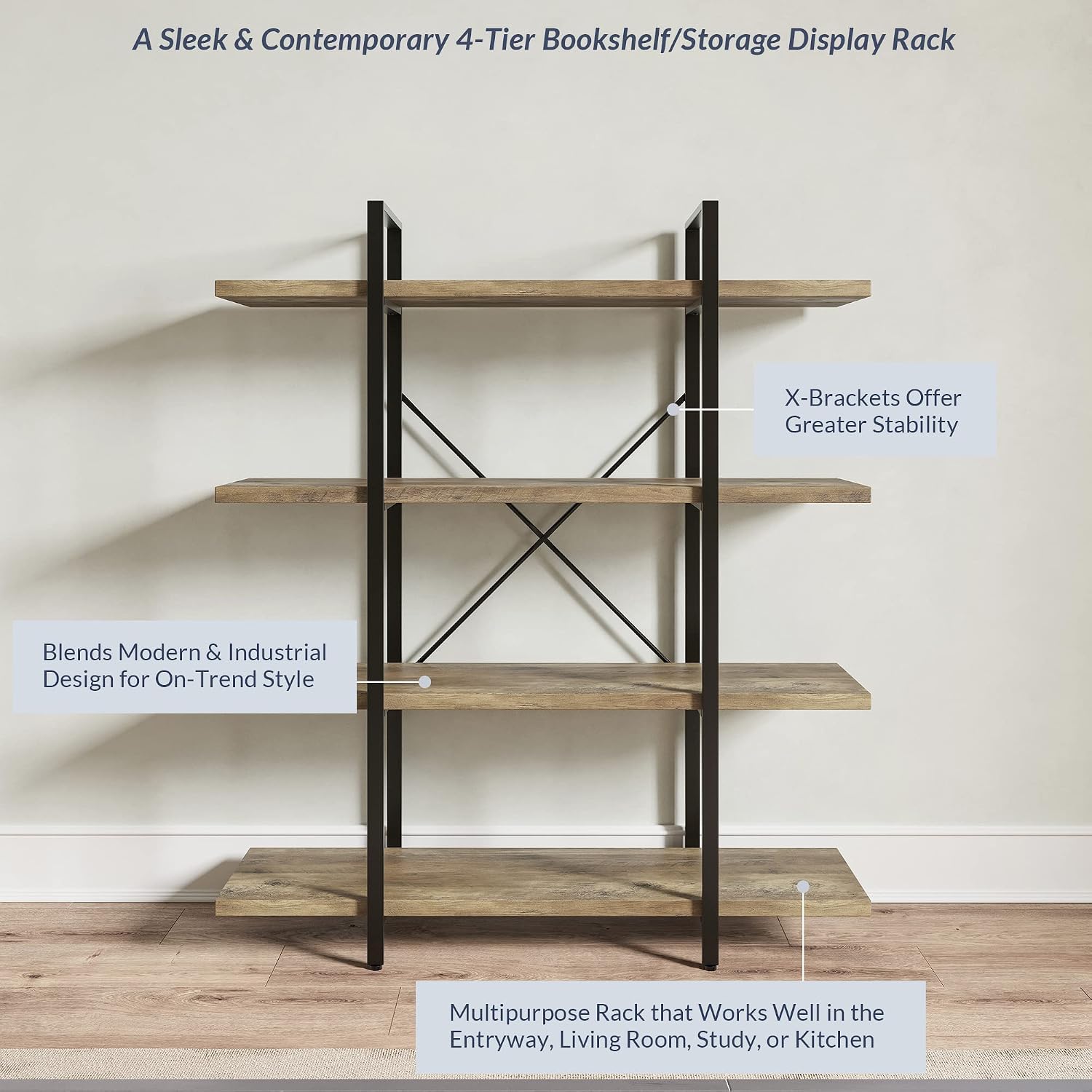 BELLEZE 4 Tier Modern Rustic Industrial Bookshelf, Open Wide Office Etagere Book Shelf