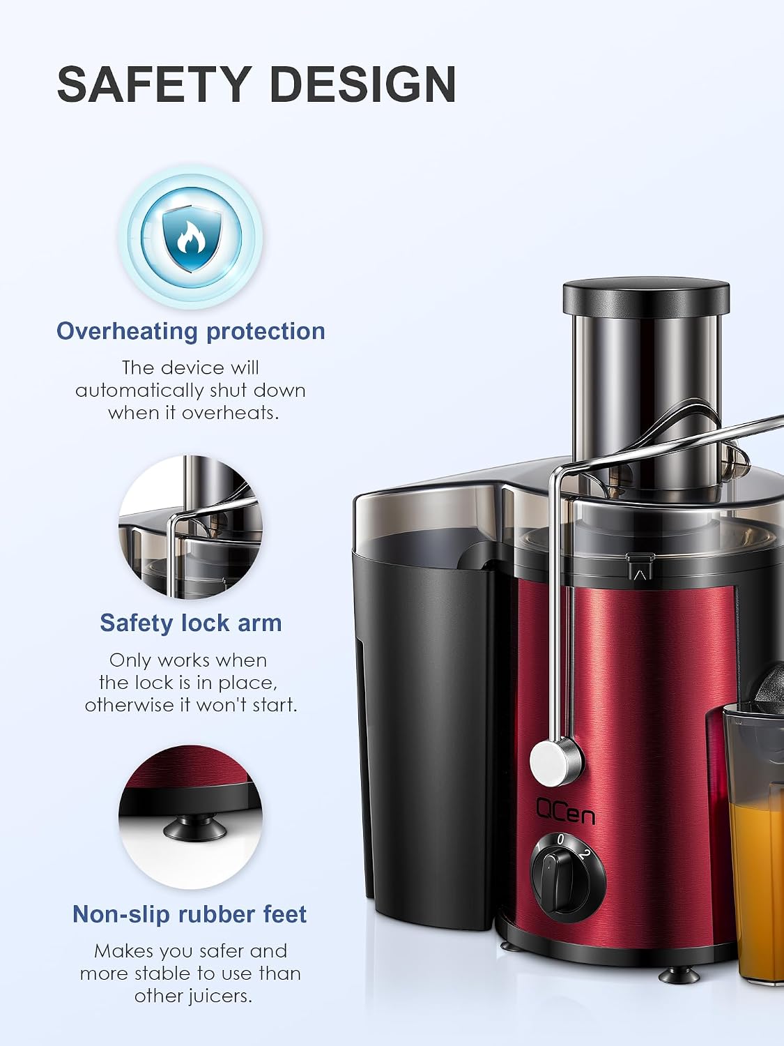 QCen Juicer Machine 500W Centrifugal Juicer with Extra Wide Feed Chute