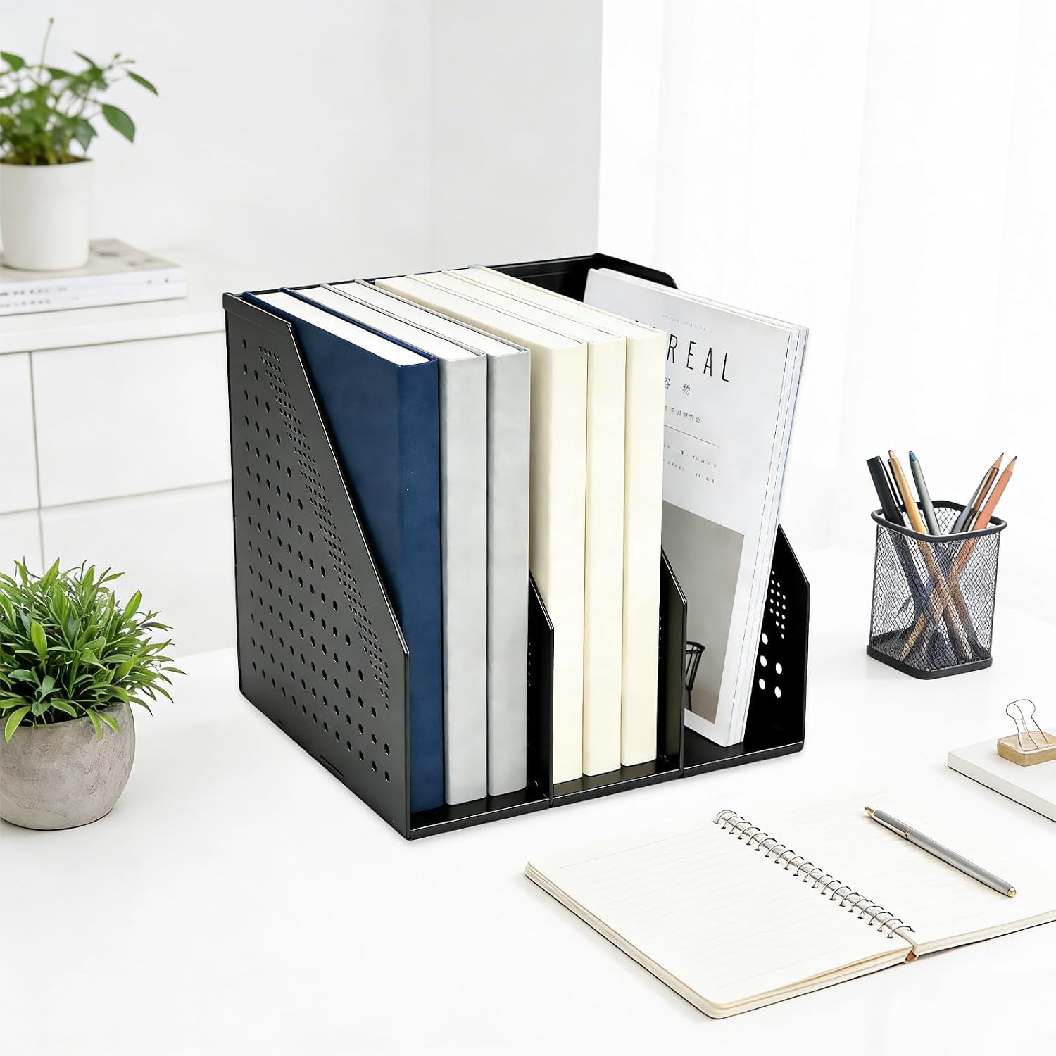 SAYEEC Collapsible Magazine Holder Plastic Desktop 4 Compartment File Rack Magazine Organizer Vertical File Divider Sorter Storage Document