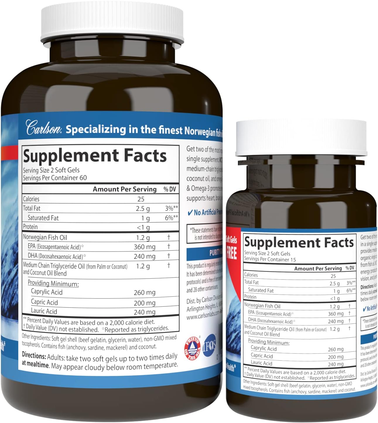 Carlson MCT & Omega-3, Keto-Friendly, Coconut Oil, 120 + 30 Softgels | Medium Chain Triglycerides, Caprylic & Capric Acids, EPA and DHA