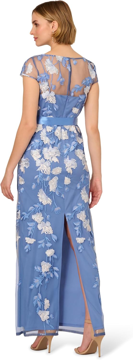 Adrianna Papell Cascading Floral Embroidered Long Column Gown
