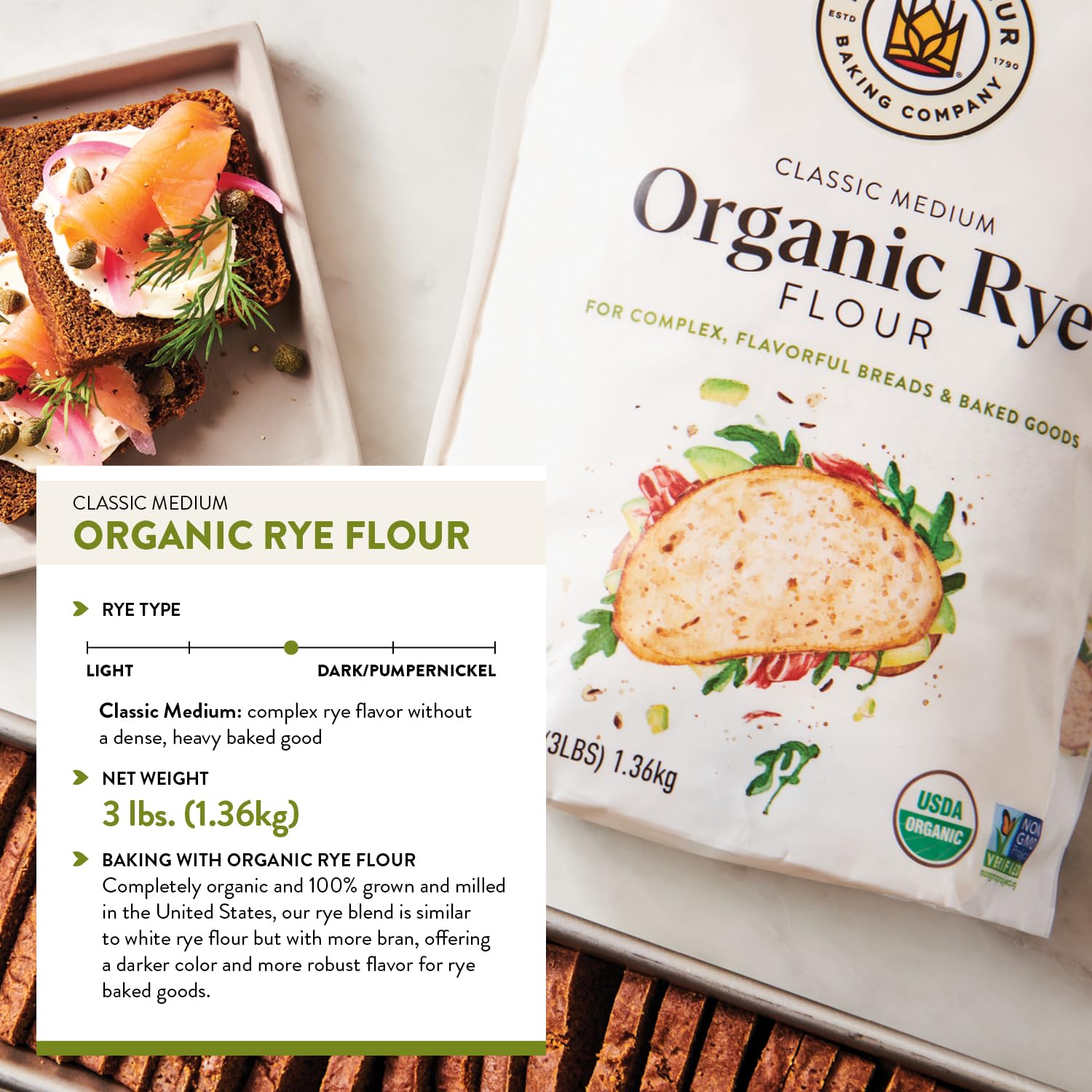 King Arthur Organic Medium Rye Flour - 3 lbs for Complex Flavorful Breads & Baked Goods - 100% US Grown & Milled - Non-GMO Project Verified - Robust