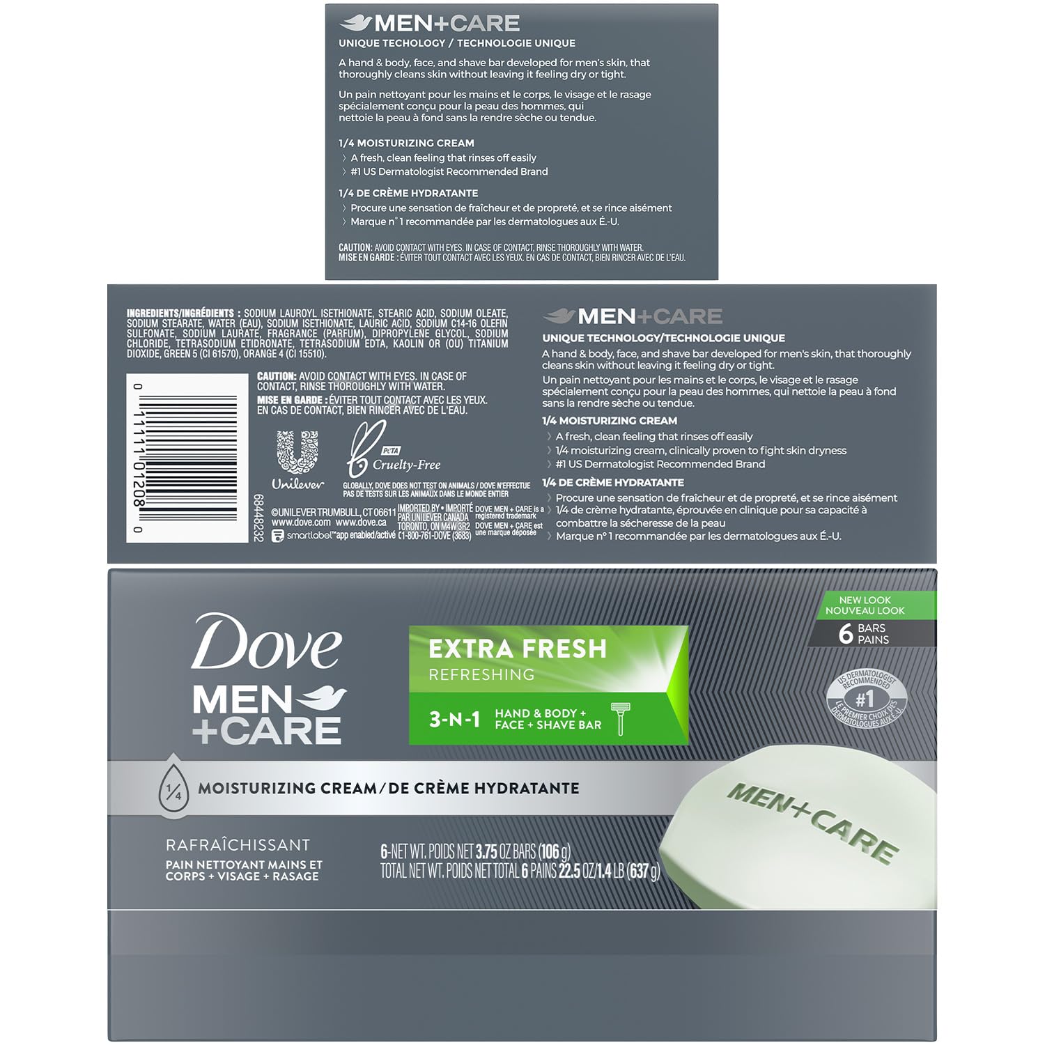 Dove Men+Care Extra Fresh Body and Face Bar Soap, 12 Bars (3.75 Oz Ea) + 1 Bonus Bar (2.6 Oz), 3-in-1 Moisturizing Soap for Body, Face, and Shaving