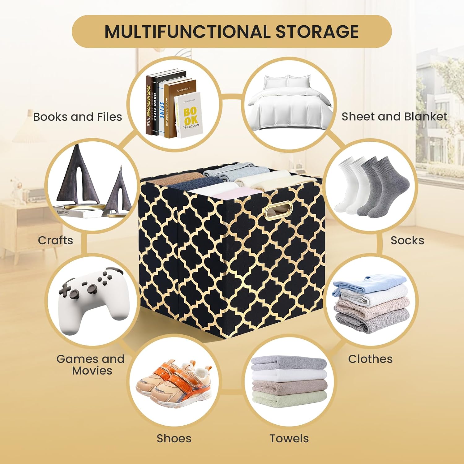 Posprica Storage Bins, Storage Cubes,13×13 Fabric Drawers Organizer Basket Boxes Containers (13×13×13/4pcs, Cream/gold geometry Pattern)
