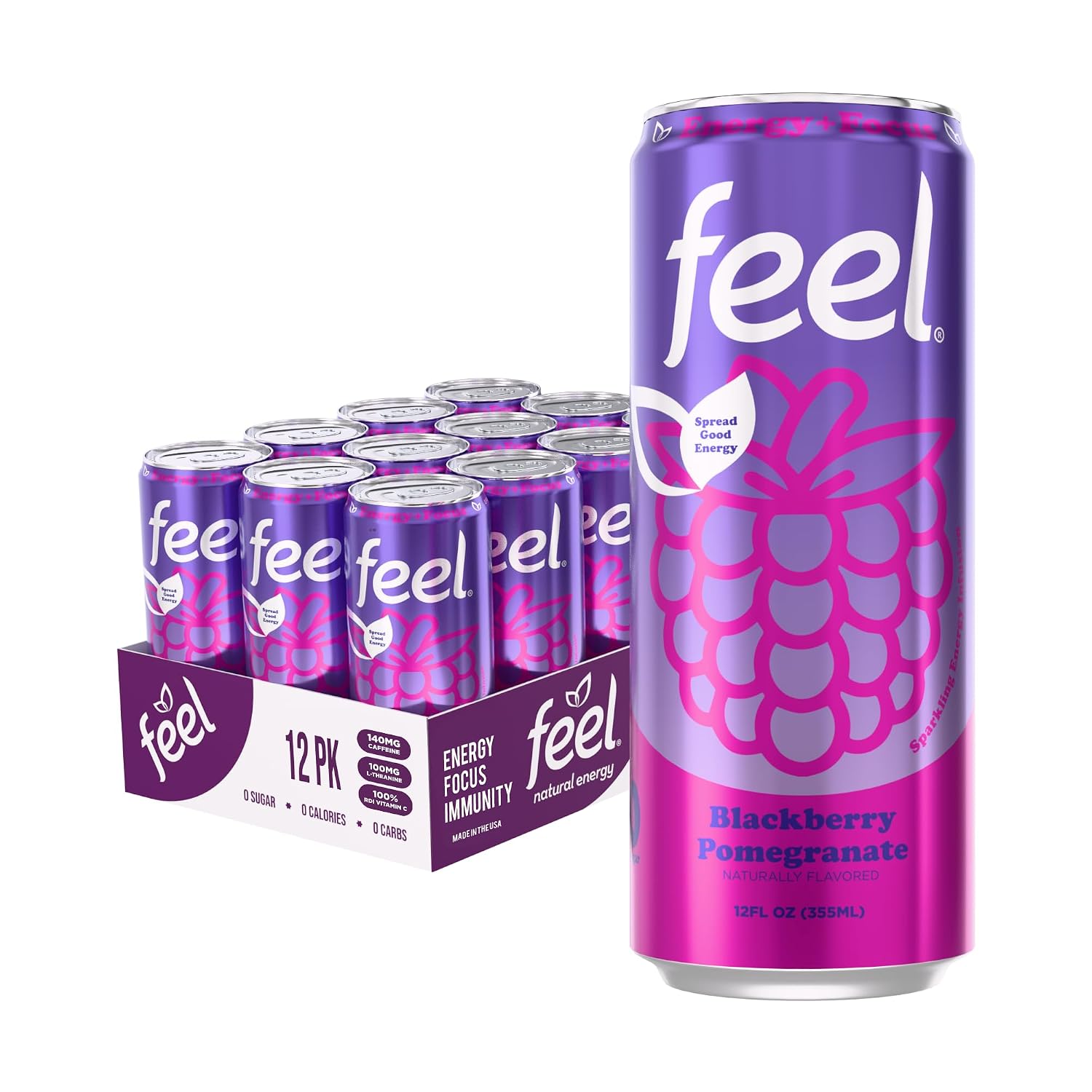 FEEL Variety Pack – Zero Sugar Sparkling Energy Drink – 3 Flavor Assortment, 140mg Plant-Based Caffeine from Green Coffee Beans + L-Theanine – Vitamin C, Vegan, Non-GMO – 12 Pack (12 Fl Oz Cans)